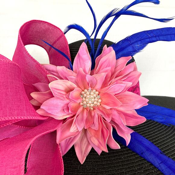 Black Pink Women Kentucky Derby Hat Jeweled Flower Royal Blue Feather Wide Brim - Picture 3 of 4